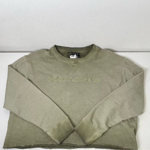 DKNY Cropped Ombré Distressed Raw Hem Pullover Sweatshirt Top Army Green NWT M - Picture 4 of 16
